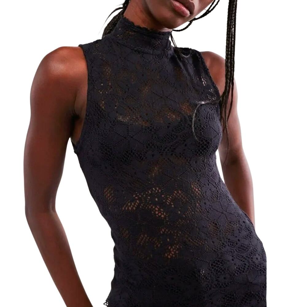 Free People Pretty Sure Black Lace Top High Neck Keyhole Back Fitted Sz XS